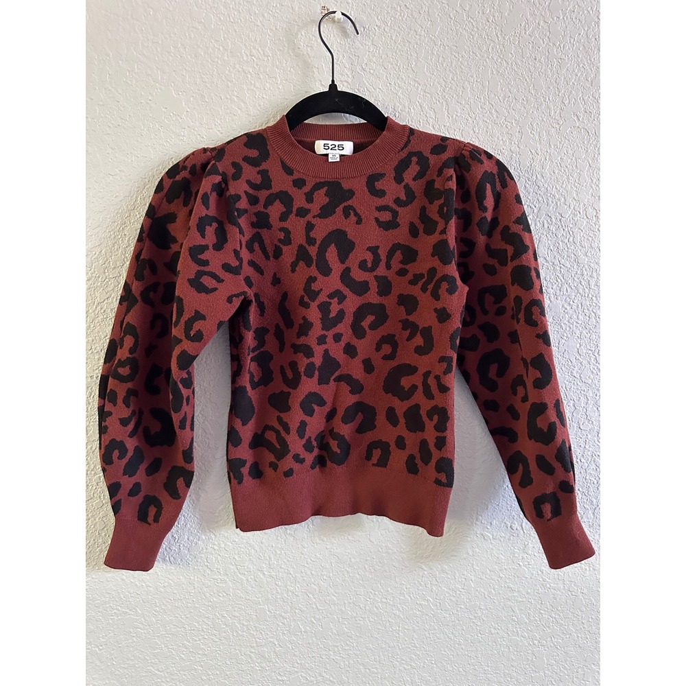 525 America Leopard Print Puff Shoulder Sweater Rust Brown Black XS